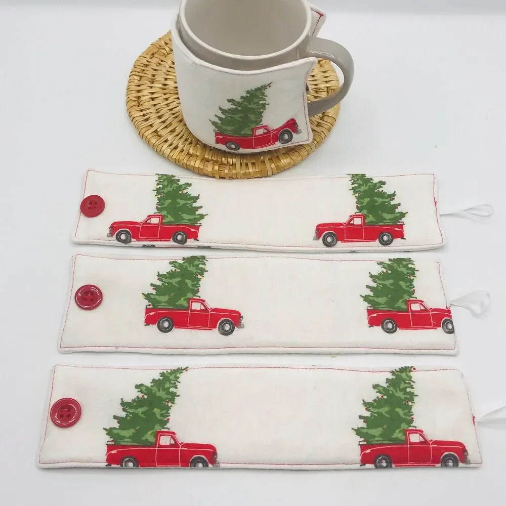Handmade Mug Cozy, Flannel Little Red Truck, Hot Beverage Cozy, Stocking Stuffer